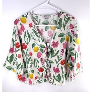 Rachel Zoe Linen Rayon Peasant Blouse Small Bell Sleeve Tie Front Whimsical